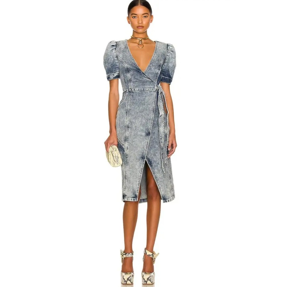 Retrofete Zelda Denim Wrap Dress Puff Sleeve Blue Knee Length V Neck Womens XS